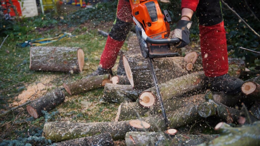 Produktvideo-Kettensäge Holzfällung-Nahaufnahme Holzspäne-Action Outdoor-Dreh Handwerk-Imagefilm Recruiting-Video-Handwerk Schutzkleidung-Detail B2B-Videoproduktion