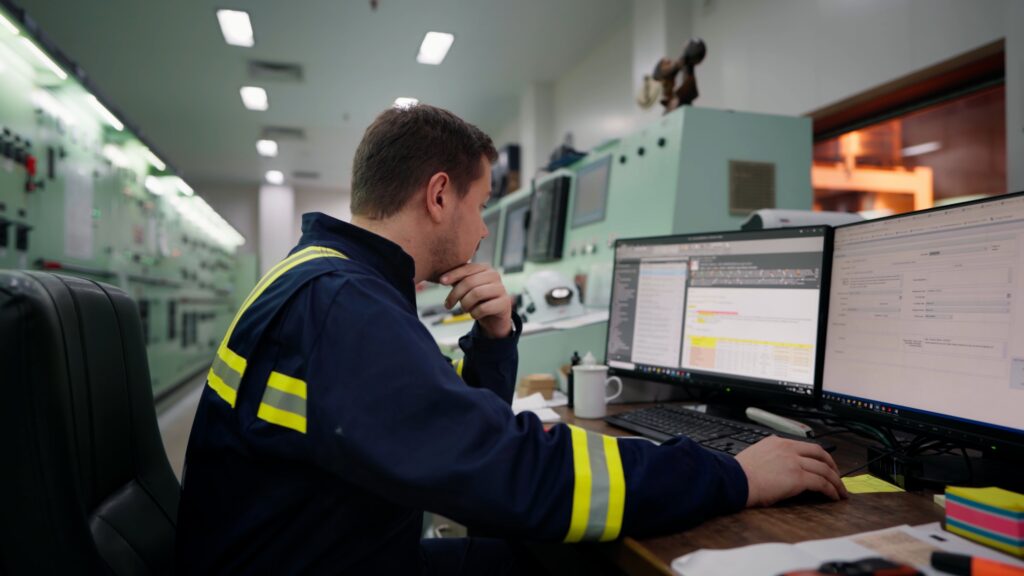 Industrieumgebung-Kontrollraum Dual-Monitor-Arbeitsplatz Prozessüberwachung-Software Warnschutz-Kleidung Produktionsanlage-Hintergrund Imagefilm-Dreh Recruiting-Video