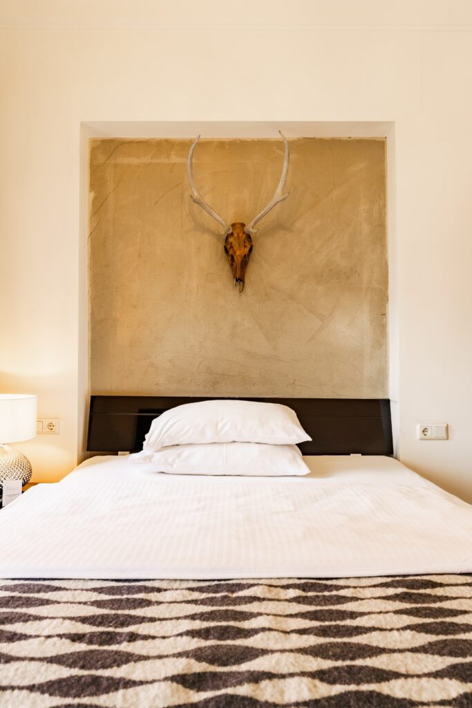 Hotelzimmer-Interior, Boutique-Hotel-Style, Geweih-Deko, Bett-Setup, Available-Light, Location-Scouting, Setdesign-Detail, Hotel-Imagefilm, Innenraum-Aufnahme, Lifestyle-Moodshot