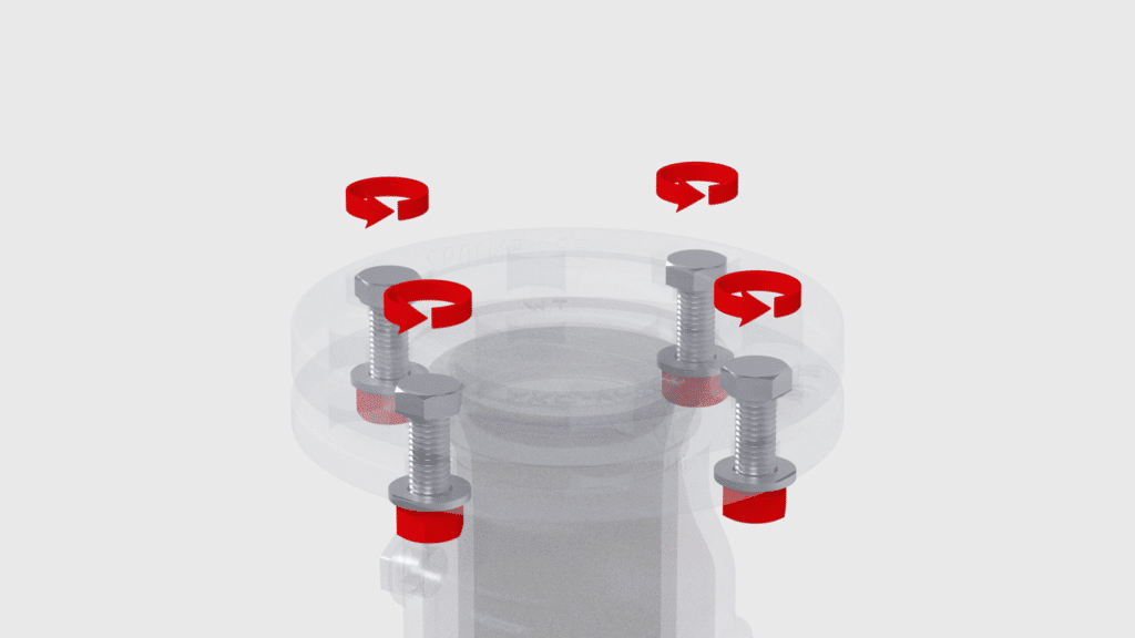 3D-Animation technische-visualisierung schrauben-rotation montage-anleitung flansch-bauteil industrie-komponente cad-rendering maschinenbau-erklaervideo produktvideo-b2b konstruktions-illustration knusper-studios