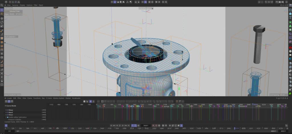 3D-Animation Produktvideo-Rendering Industrie-Bauteil-Visualisierung CAD-Modellierung Ventil-Wireframe Schrauben-Detail Motion-Design-Timeline 3D-Software-Interface