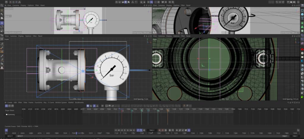 3D-Animation Technische-Visualisierung Produktvideo Manometer-Modell Industrie-Rendering Kamera-Setup Wireframe-Ansicht Timeline-Keyframes Motion-Design