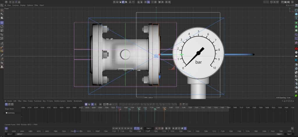 3D-Animation Industrie-Bauteil Ventil-Komponente Manometer-Druckanzeige Produkt-Visualisierung Kamera-Setup Keyframe-Animation Technik-Rendering B2B-Industriefilm