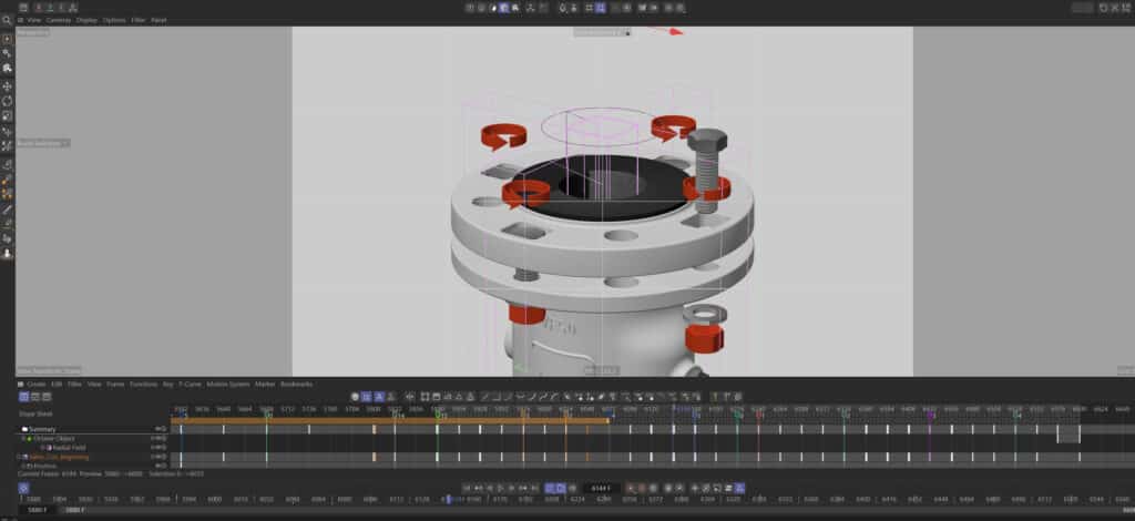 3D-Animation-Produktvideo-industrielles-Ventil-Explosionsdarstellung-Rendering-Keyframe-Timeline-CAD-Visualisierung-technische-Illustration-B2B