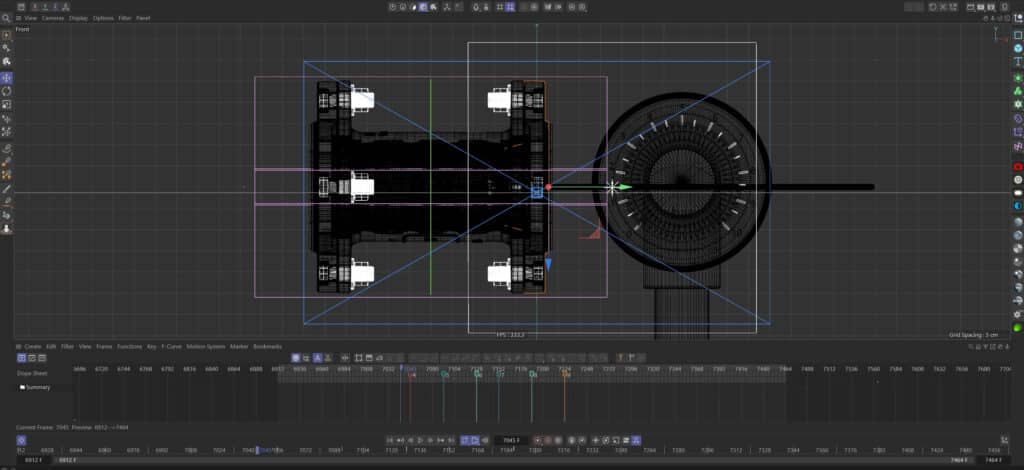3D-Animation-Viewport Wireframe-Modell Kamera-Setup Produktvisualisierung Industrie-Rendering Keyframe-Timeline Motion-Design Technik-Visualisierung Studio-Workflow Rendering-Vorbereitung