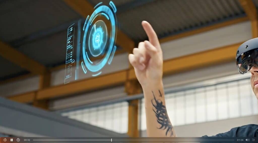 AI-AR-Interaktion, Mixed-Reality-Headset, Hologramm-Interface, Industrie-Halle, Hightech-Produktvideo, Imagefilm-Dreh, Smart-Factory