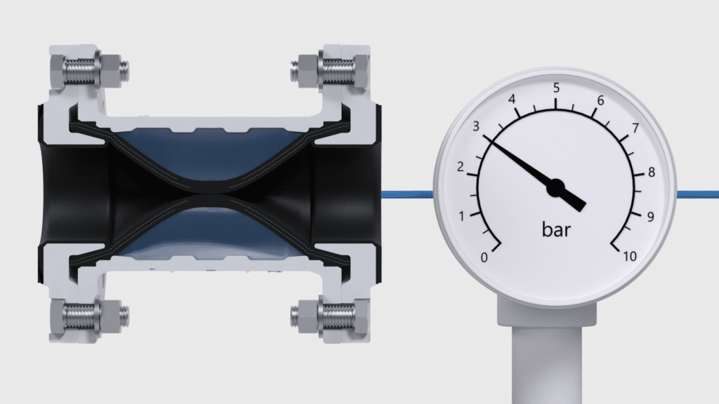 3D-Animation, Produkt-Video, Technische-Visualisierung, Ventil-Querschnitt, Quetschventil-Darstellung, Manometer-Anzeige, Druck-Messung, Fluid-Technik, Industrie-Komponente, Maschinen-Bau, Rohrleitungs-System, Erklär-Film, B2B-Content
