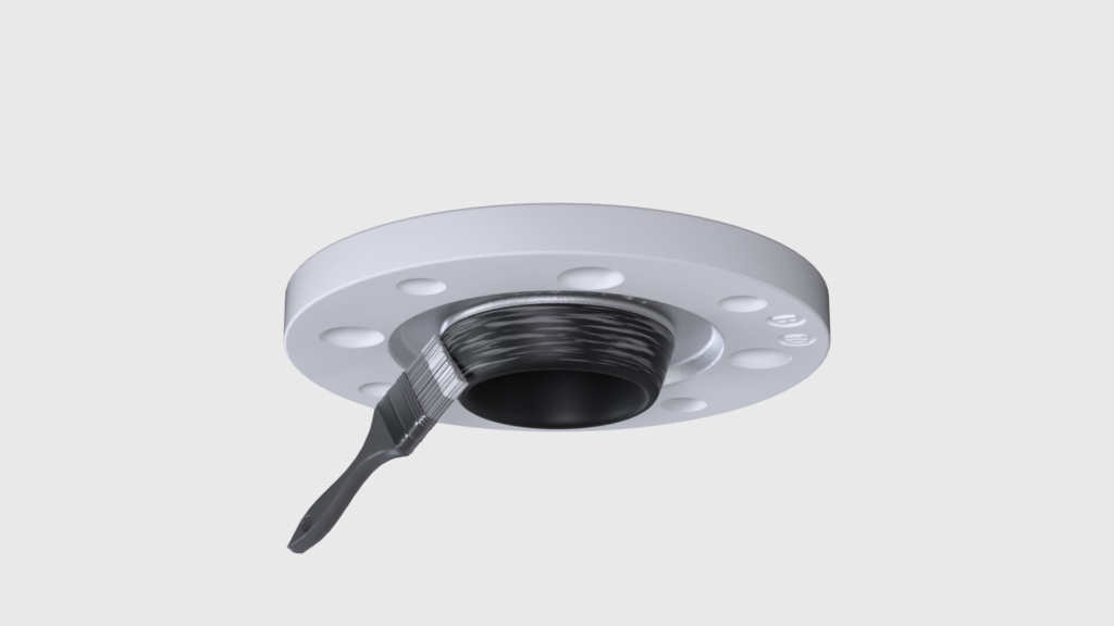 3D-Animation, Produktvideo-Visualisierung, Industrie-Bauteil, Flansch-Komponente, Schmiermittel-Auftrag, Pinsel-Detail, Makro-Nahaufnahme, Technik-Erklärfilm, CAD-Render, Freisteller-Hintergrund
