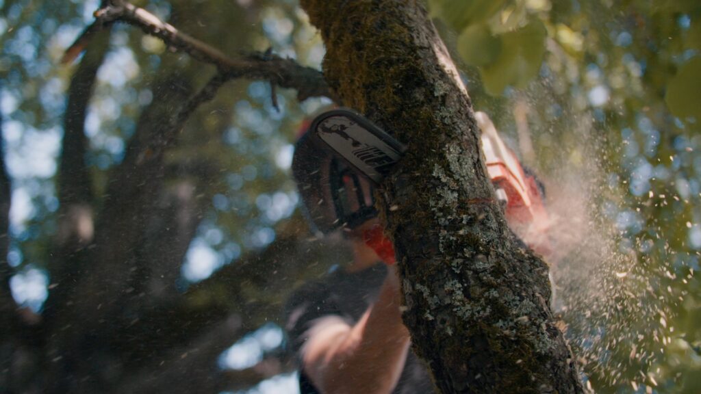 Produktvideo-Motorsäge Forstarbeit-Nahaufnahme Holzfällerei-Action Späne-Flug Outdoor-Dreharbeiten Handwerk-Imagefilm Recruiting-Video-Handwerk